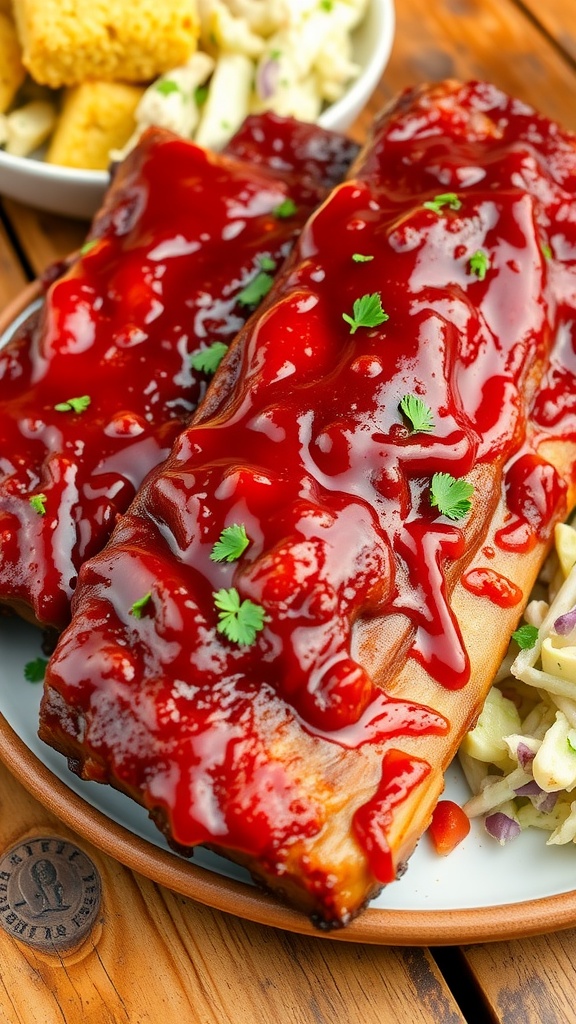 Delicious barbecue ribs on a plate with sauce, parsley, coleslaw, and cornbread on a wooden table.